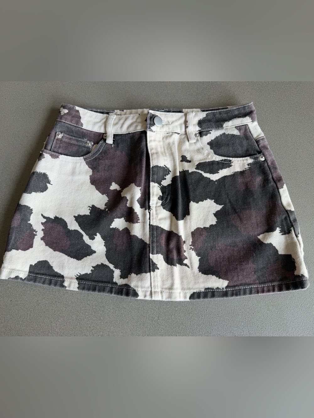 Altar'd State Black & White Cow Print Denim Mini Skirt